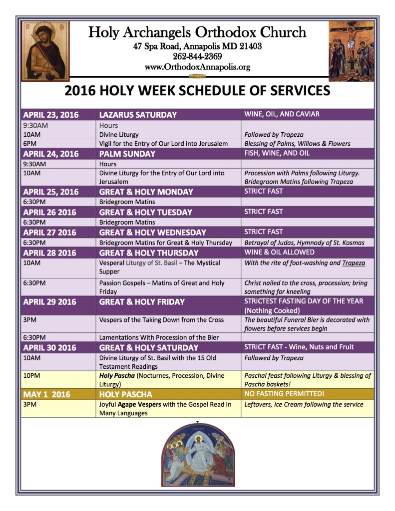 Orthodox Annapolis 2016 Holy Week Schedule