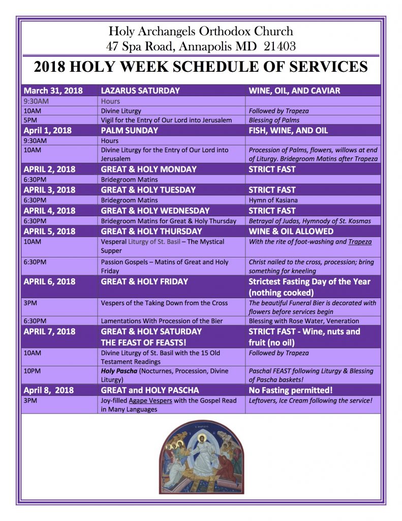2018 Orthodox Holy Week Schedule Annapolis MD